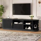 Vintage Rustic TV Stand with Sliding Wood Slatted Doors, 75 Farmhouse Fluted Media Console with Drawer (Black Wood Grain)