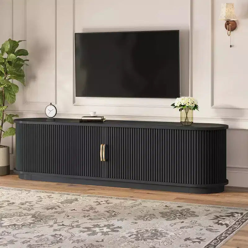 Meuble TV Rustique Vintage avec Portes Coulissantes à Lattes, Meuble TV Flûté de Ferme de 75 po avec Tiroir (Grain de Bois Noir)
