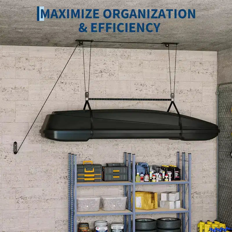 Heavy Duty Ceiling Hoist 150lb Capacity for Cargo Boxes, 8-10ft Ceilings, Overhead Storage with Adjustable Straps, 20m Ropes, Dual Pulley