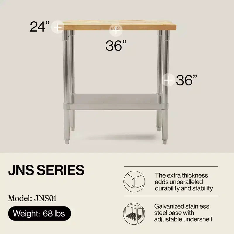 Table de travail John Boos de haute qualité en bois d'érable avec étagère inférieure réglable, 91,4 x 61 x 3,8 cm, acier galvanisé