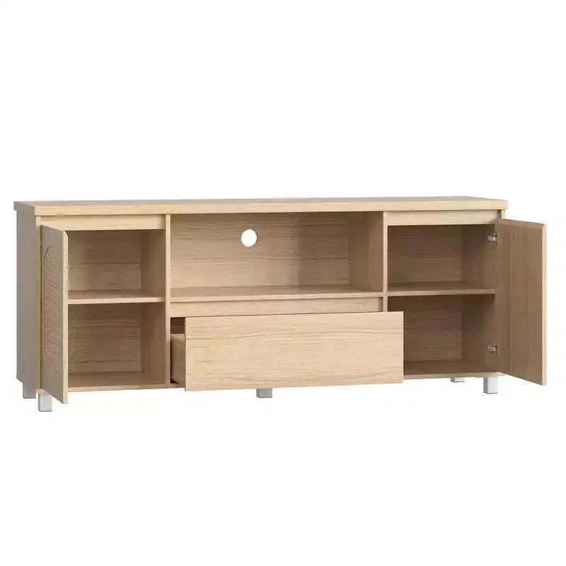 Meuble TV pour salon, meuble TV console en rotin avec rangement et étagère, meuble TV bohème pour TV jusqu'à 70'', pour salon, chambre