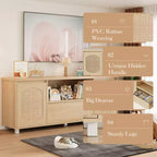 Meuble TV pour salon, meuble TV console en rotin avec rangement et étagère, meuble TV bohème pour TV jusqu'à 70'', pour salon, chambre