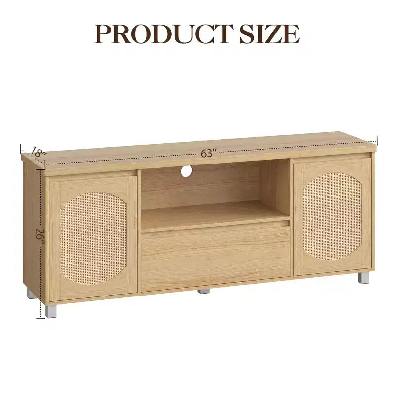 Meuble TV pour salon, meuble TV console en rotin avec rangement et étagère, meuble TV bohème pour TV jusqu'à 70'', pour salon, chambre