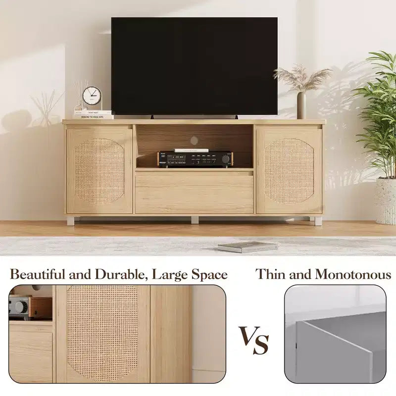 Meuble TV pour salon, meuble TV console en rotin avec rangement et étagère, meuble TV bohème pour TV jusqu'à 70'', pour salon, chambre
