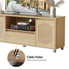 Meuble TV pour salon, meuble TV console en rotin avec rangement et étagère, meuble TV bohème pour TV jusqu'à 70'', pour salon, chambre