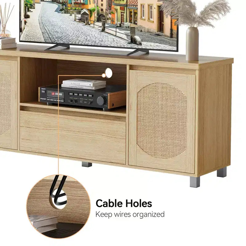Meuble TV pour salon, meuble TV console en rotin avec rangement et étagère, meuble TV bohème pour TV jusqu'à 70'', pour salon, chambre