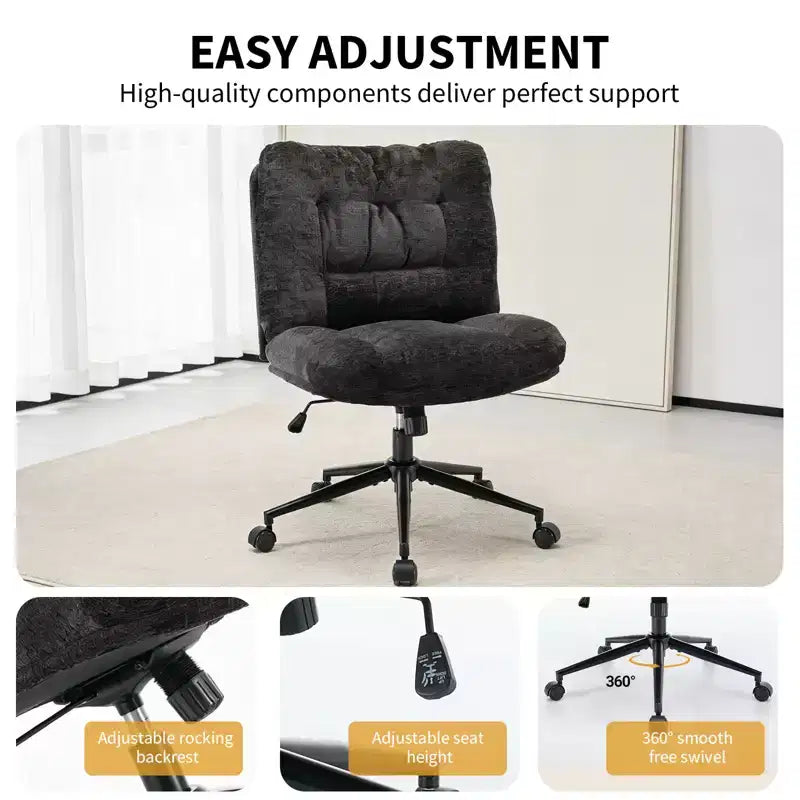 Chaise de bureau ergonomique avec pivotement à 360°, réglage de la hauteur et de l'inclinaison, assise large en forme de U, tissu doux en chenille, 4 coloris