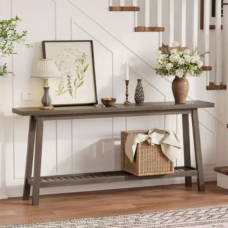 COZONY 71 Console étroite avec rangement, table d'appoint extra longue derrière le canapé, table d'entrée industrielle à 2 niveaux de style ferme