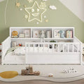 Twin Size Floor Bed with Fence Guardrail and Side Storage, Wooden Kids Montessori Bed, White