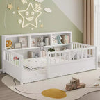 Lit de sol une place avec barrière de sécurité et rangement latéral, lit Montessori en bois pour enfants, Blanc