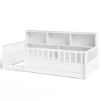 Lit de sol une place avec barrière de sécurité et rangement latéral, lit Montessori en bois pour enfants, Blanc