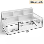 Lit de sol une place avec barrière de sécurité et rangement latéral, lit Montessori en bois pour enfants, Blanc