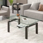 Tempered Clear Glass Coffee Table, 2-Tier Modern Center Table for Living Room