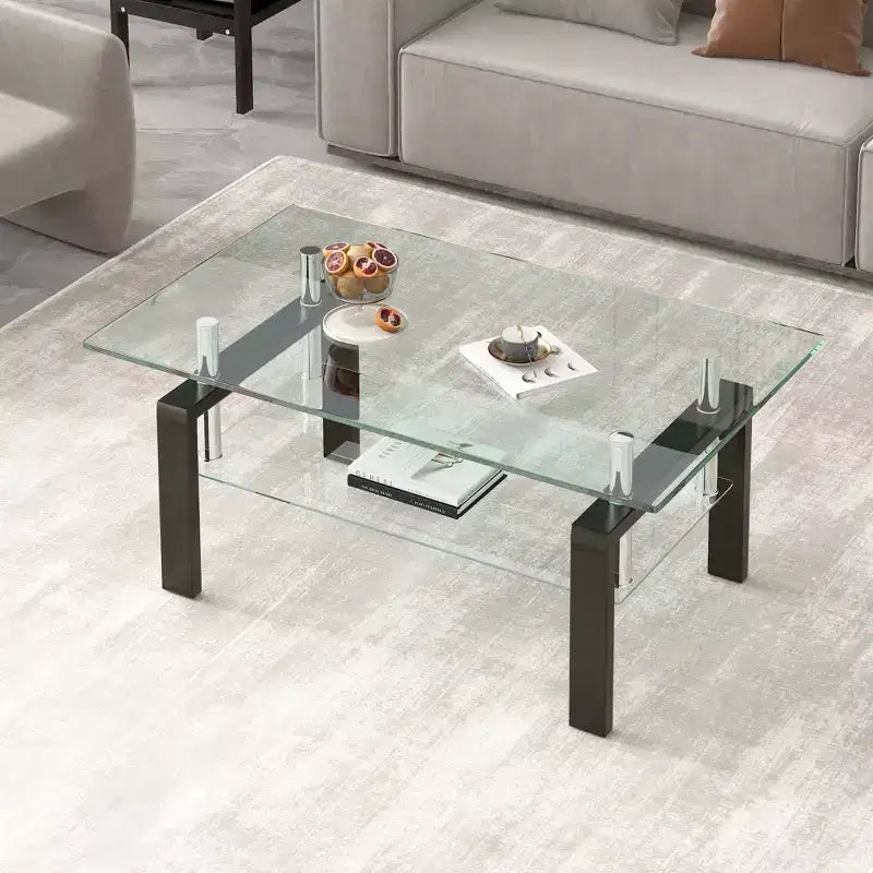 Table basse en verre trempé transparent, table basse moderne à 2 niveaux pour salon