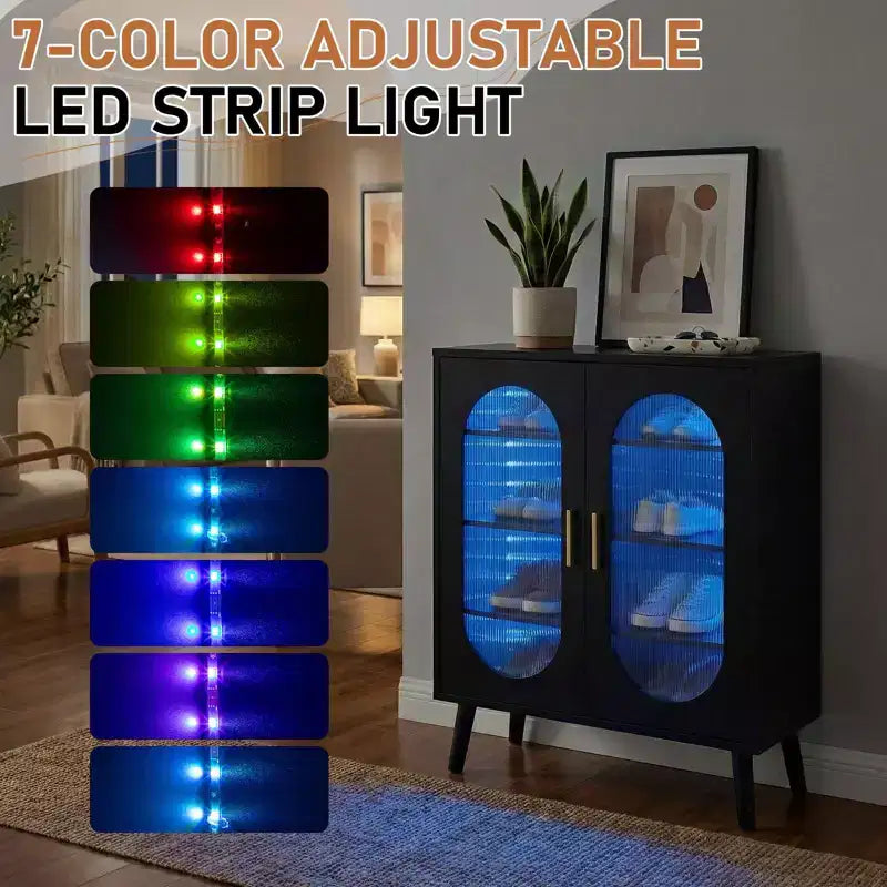 Meuble à chaussures surélevé avec panneau solaire et 2 portes Karl Home, LED 7 couleurs USB, 4 niveaux, 68 cm (L)