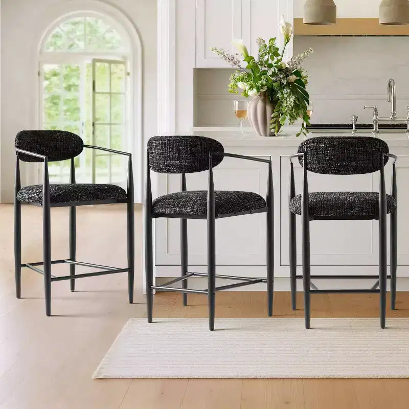 Lot de 3 tabourets de bar modernes rembourrés, hauteur comptoir, pieds fuselés en métal noir, assise spacieuse pour îlot de cuisine ou bar à domicile-Panipeachy