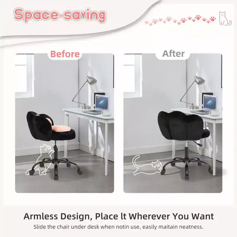 Chaise de coiffeuse avec dossier en forme de chat, chaise pivotante réglable en hauteur, jolie chaise de bureau à roulettes en tissu nounours pour chambre à coucher ou bureau