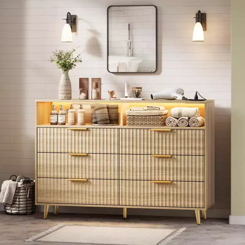6 Drawers Dresser for Bedroom, 47.2 Wide Dressers with LED Lights, Curved Profile Design, Fluted Wood Drawers for Living Room, Oak