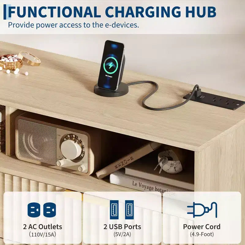 Commode à 6 tiroirs pour chambre à coucher, commode de 120 cm de large avec lumières LED, design profilé incurvé, tiroirs en bois cannelé pour salon, chêne