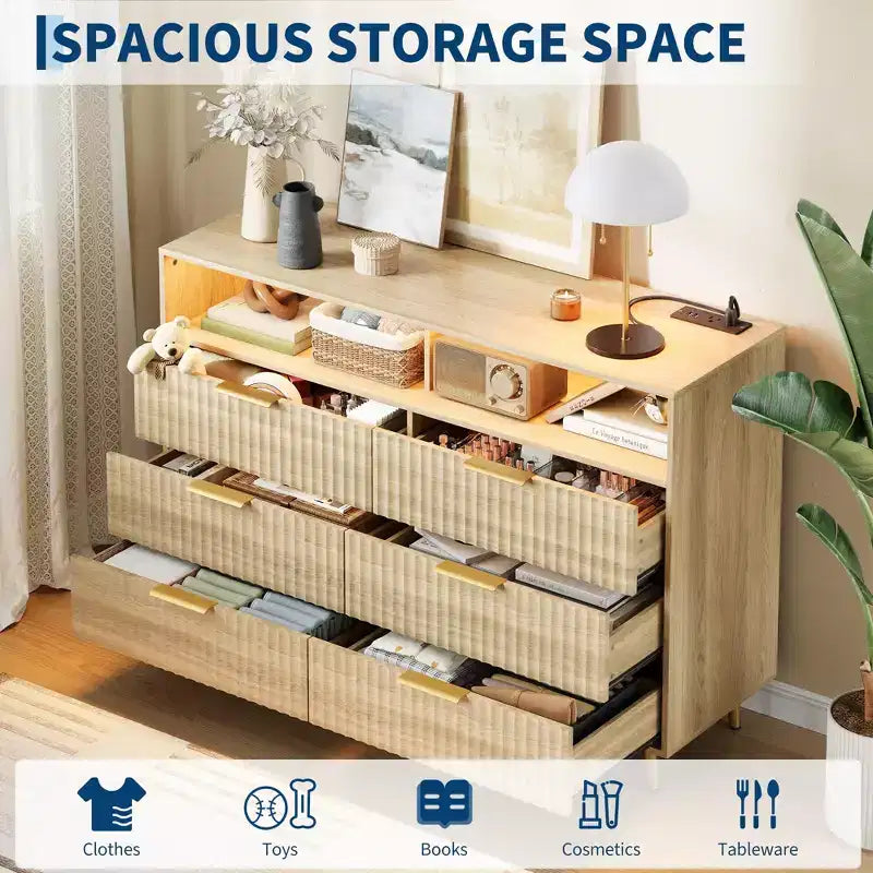 Commode à 6 tiroirs pour chambre à coucher, commode de 120 cm de large avec lumières LED, design profilé incurvé, tiroirs en bois cannelé pour salon, chêne