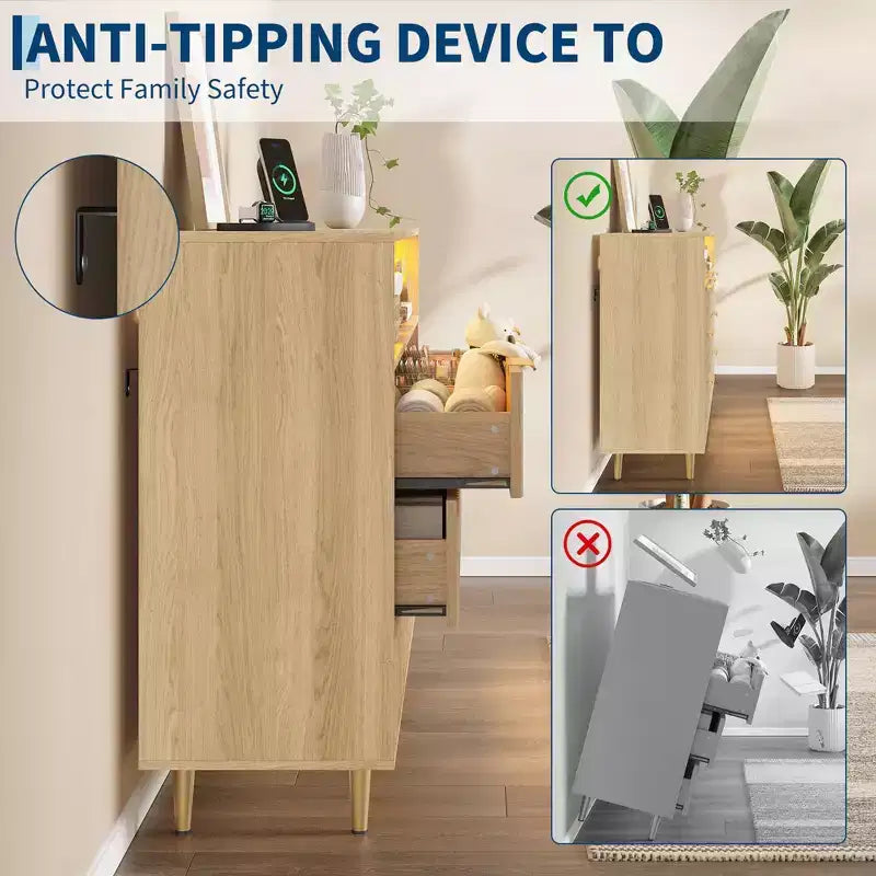 Commode à 6 tiroirs pour chambre à coucher, commode de 120 cm de large avec lumières LED, design profilé incurvé, tiroirs en bois cannelé pour salon, chêne