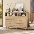 Commode à 6 tiroirs pour chambre à coucher, commode de 120 cm de large avec lumières LED, design profilé incurvé, tiroirs en bois cannelé pour salon, chêne
