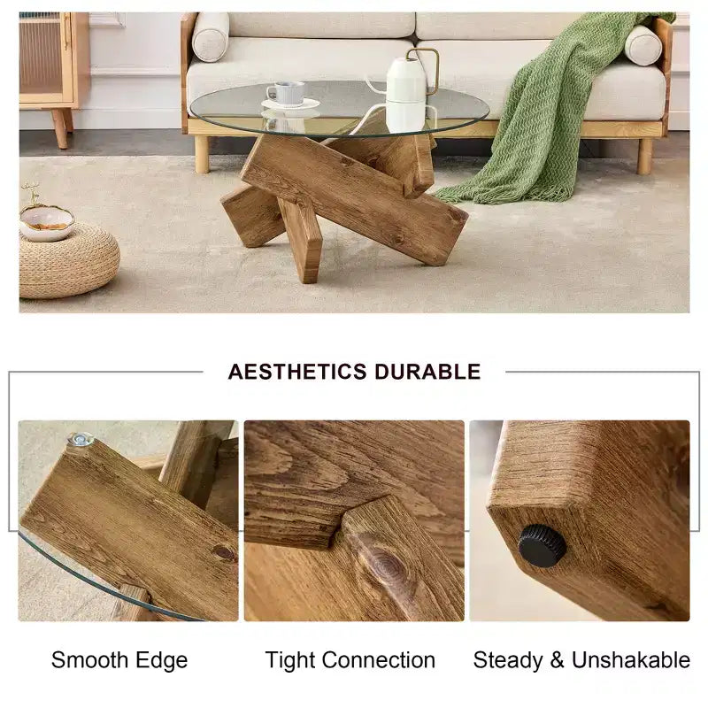 Table basse moderne en verre avec plateau en verre trempé pour salon, bois