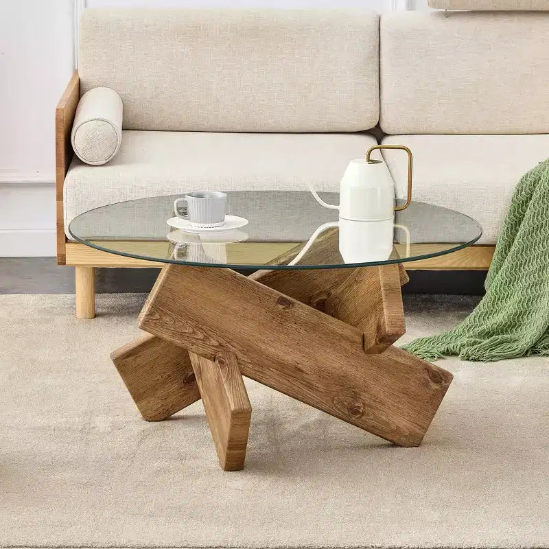 Table basse moderne en verre avec plateau en verre trempé pour salon, bois