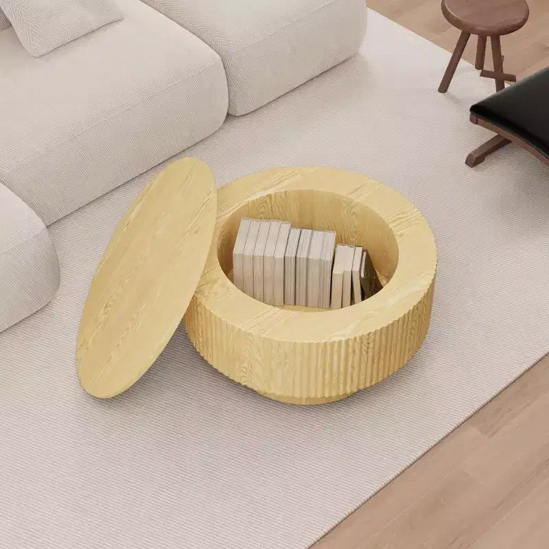 Table basse circulaire moderne en MDF de 29,53 pouces, avec motif à rayures circulaires et espace de rangement, pour la maison et la cuisine