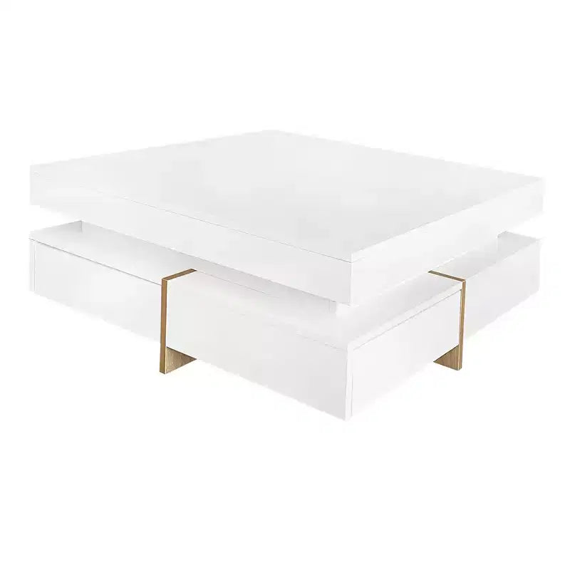 Table basse laquée brillante avec 4 tiroirs, table centrale de rangement carrée pour salon, blanche