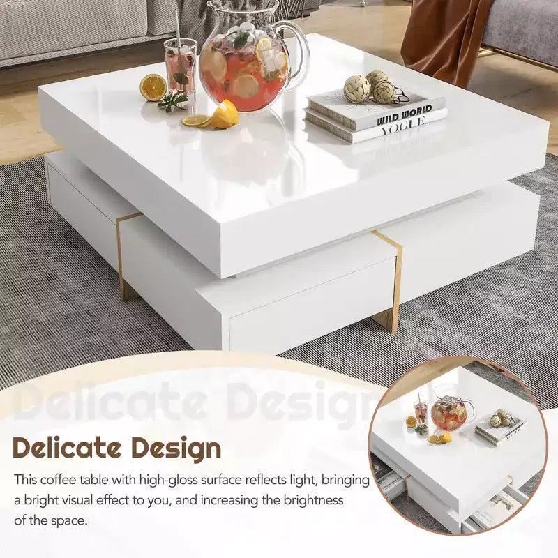 Table basse laquée brillante avec 4 tiroirs, table centrale de rangement carrée pour salon, blanche