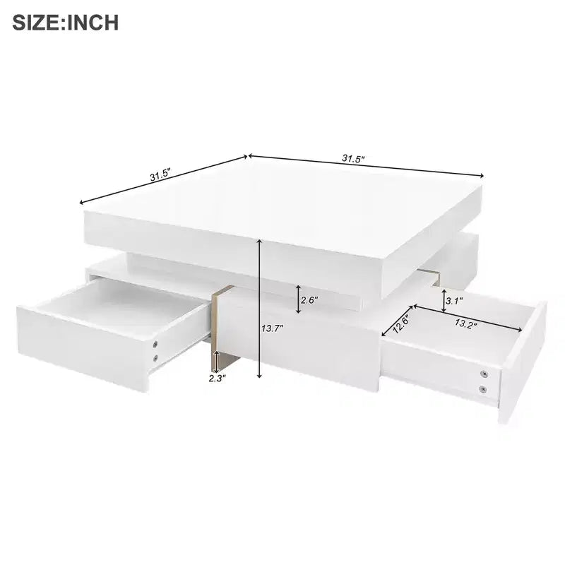 Table basse laquée brillante avec 4 tiroirs, table centrale de rangement carrée pour salon, blanche
