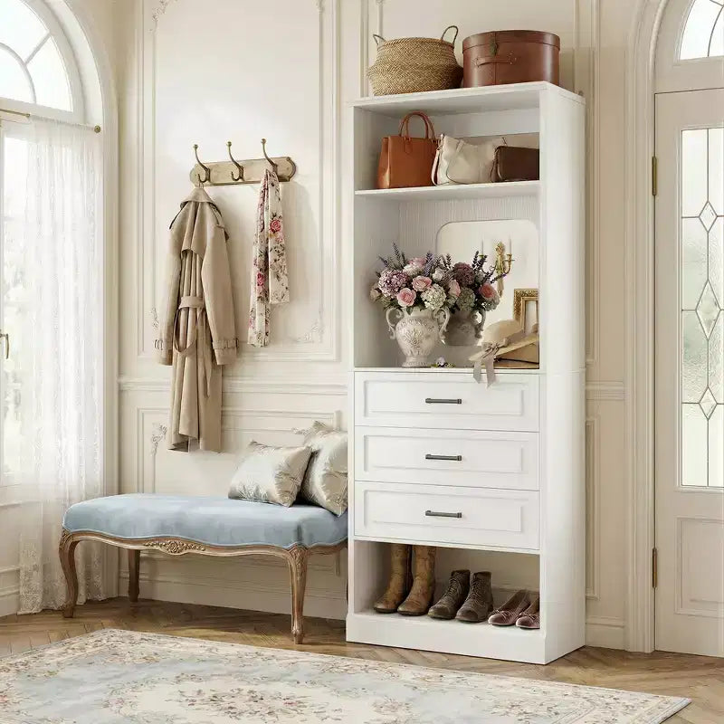 Besiost Système de Rangement de Placard avec 3 Tiroirs de Rangement, Organiseur de Garde-Robe Robuste avec Miroir,