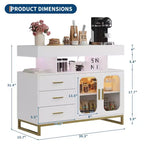 Buffet bahut moderne avec lumières LED RVB à détecteur automatique et station de recharge intégrée, table de bar à café avec rangement, 3 tiroirs et 2 portes