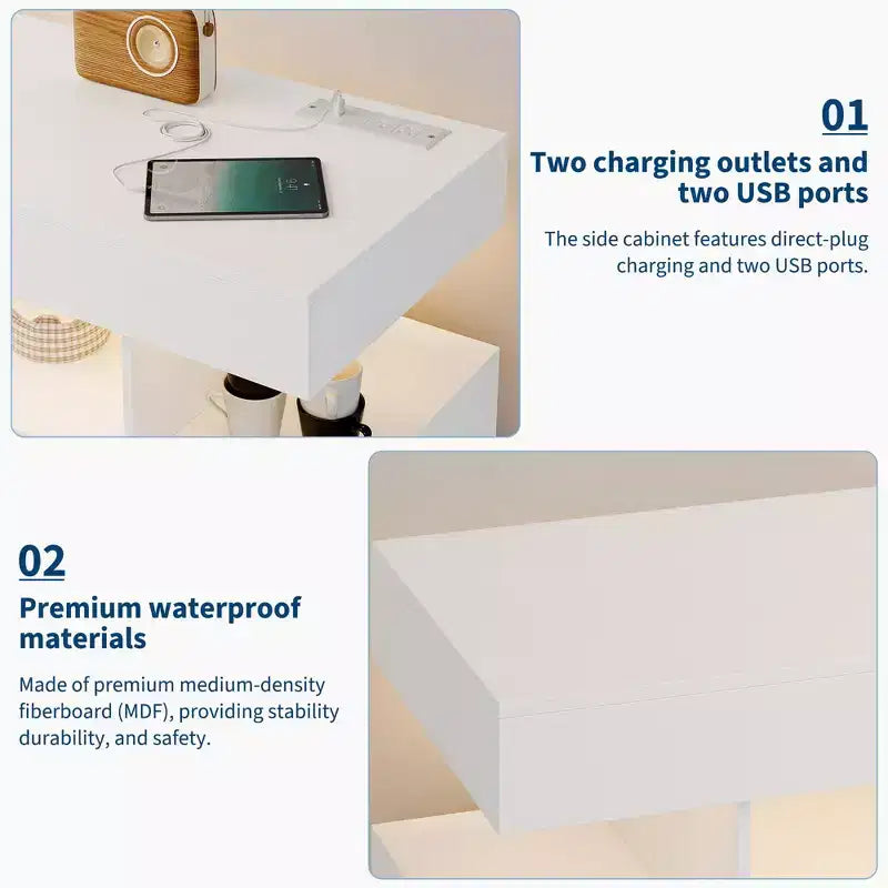 Buffet bahut moderne avec lumières LED RVB à détecteur automatique et station de recharge intégrée, table de bar à café avec rangement, 3 tiroirs et 2 portes