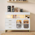 Buffet bahut moderne avec lumières LED RVB à détecteur automatique et station de recharge intégrée, table de bar à café avec rangement, 3 tiroirs et 2 portes
