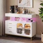 Buffet bahut moderne avec lumières LED RVB à détecteur automatique et station de recharge intégrée, table de bar à café avec rangement, 3 tiroirs et 2 portes
