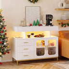 Buffet bahut moderne avec lumières LED RVB à détecteur automatique et station de recharge intégrée, table de bar à café avec rangement, 3 tiroirs et 2 portes