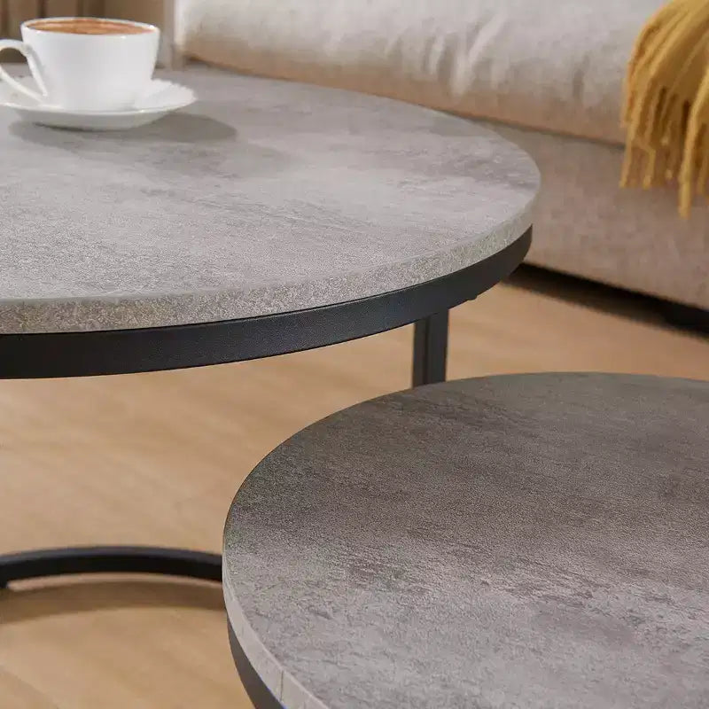 Table gigogne ronde de 24 po de la marque Fun little toys, table d'appoint, finition bois et faux béton gris, peu encombrante, style industriel moderne