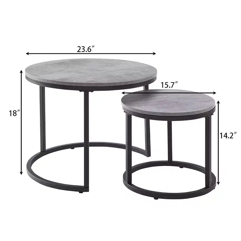 Table gigogne ronde de 24 po de la marque Fun little toys, table d'appoint, finition bois et faux béton gris, peu encombrante, style industriel moderne