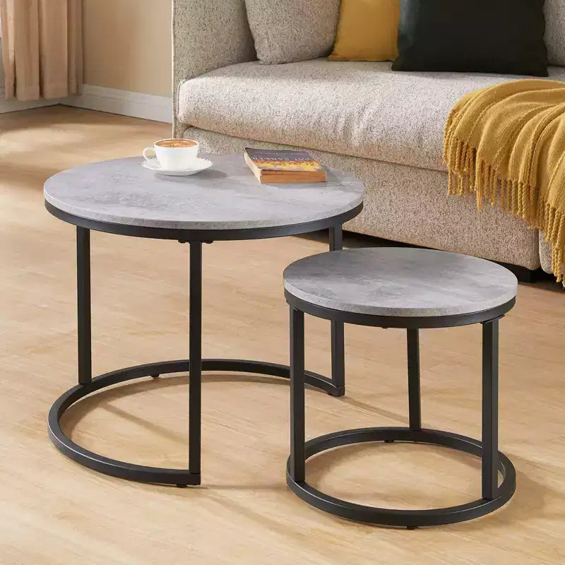 Table gigogne ronde de 24 po de la marque Fun little toys, table d'appoint, finition bois et faux béton gris, peu encombrante, style industriel moderne