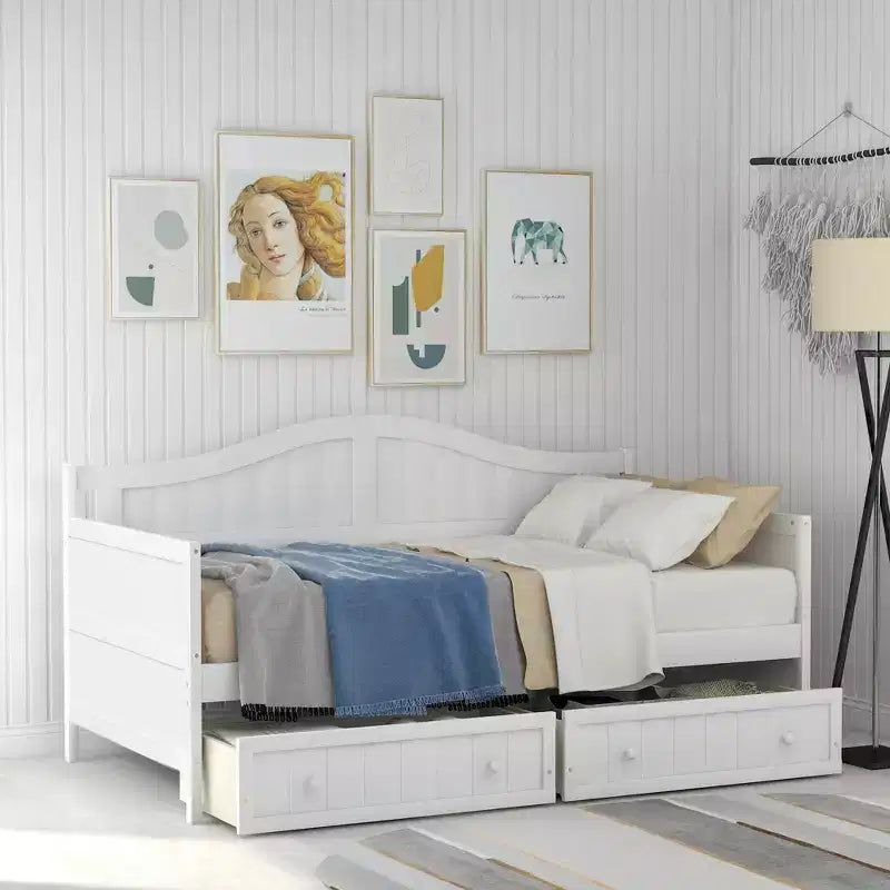 FAMYYT Lit banquette double en bois avec 2 tiroirs, assemblage facile, blanc