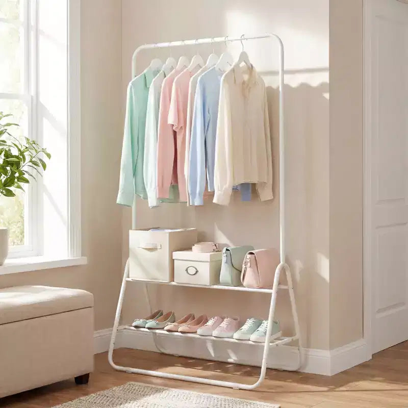 Portant à Vêtements Robuste Costway, en Métal, avec Tringle de Suspension et Étagères de Rangement, Blanc/Noir