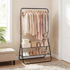 Portant à Vêtements Robuste Costway, en Métal, avec Tringle de Suspension et Étagères de Rangement, Blanc/Noir