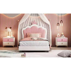 Lit double capitonné princesse avec tête de lit couronne, lit plateforme avec tête de lit et pied de lit, crème et rose