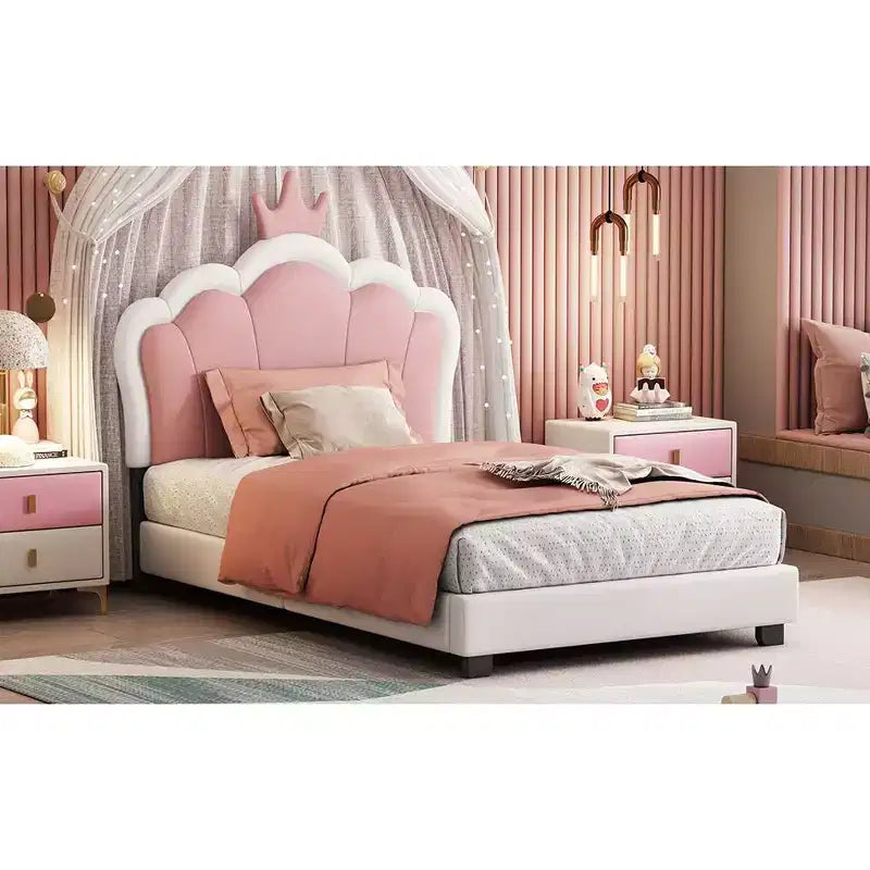 Lit double capitonné princesse avec tête de lit couronne, lit plateforme avec tête de lit et pied de lit, crème et rose