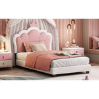 Lit double capitonné princesse avec tête de lit couronne, lit plateforme avec tête de lit et pied de lit, crème et rose