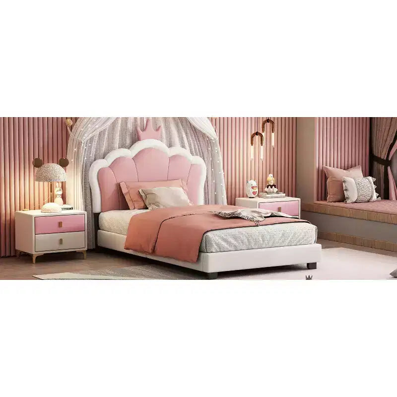 Lit double capitonné princesse avec tête de lit couronne, lit plateforme avec tête de lit et pied de lit, crème et rose