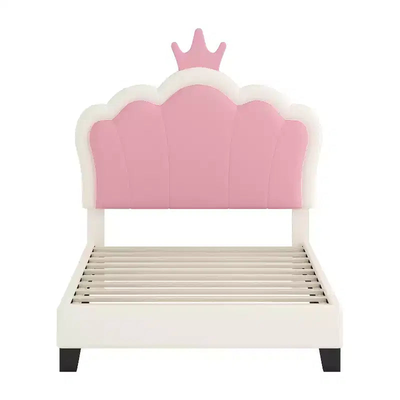 Lit double capitonné princesse avec tête de lit couronne, lit plateforme avec tête de lit et pied de lit, crème et rose