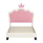 Lit double capitonné princesse avec tête de lit couronne, lit plateforme avec tête de lit et pied de lit, crème et rose
